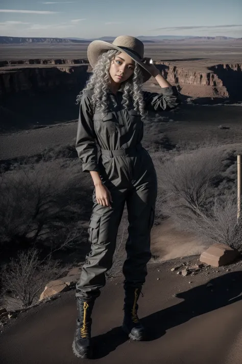 <lora:add_detail:0.8>, <lora:LowRA:0.5>, (high quality, best quality), full body portrait, hentai, dark theme, black background, small breasts, silver hair , yellow eyes, curly hair, white skin, long hair length, Desert Adventure: Utility jumpsuit, hiking boots, and wide-brimmed hat.,
