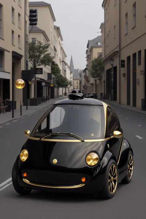 a black with gold line 3 wheels futuristic car (totally round:1.2) in a street, 2 places little car, bubble shape, view from side