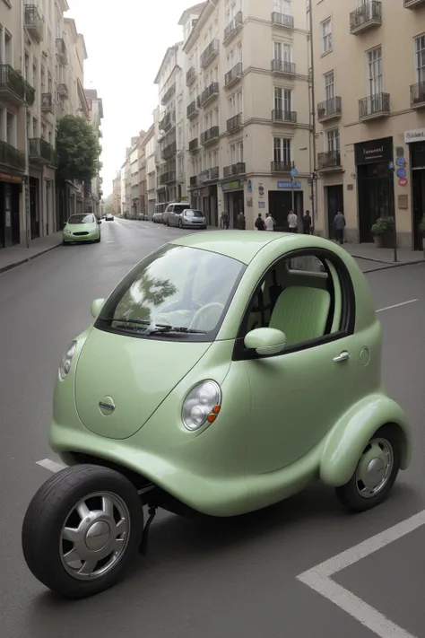 a green futurist car (totally round:1.2) in a street, 2 places little car, look like a bubble, view from side, 3 wheels, egg shape