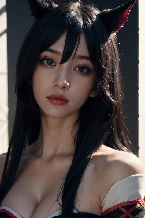 Best quality, masterpiece, ultra high res, (photorealistic:1.4), raw photo, 1girl, offshoulder, in the dark, deep shadow, low key, cold light, AHRI_COSPLAY, WHITE TAILS, BLACK LONG HAIR, YELLOW EYES  <lora:Ahri_Cosplay:1:1,1,1,1,1,0,0,0,1,1,1,1,1,1,1,0,0>,fix,good hands, <lora:sharpening_B_1.1:1.5>