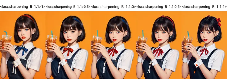 (masterpiece, best quality), intricate details, 8k, artstation, wallpaper, sharp focus,1girl, solo, black hair, short hair, blue eyes, bangs, ribbon, puffy short sleeves, looking at viewer, food, orange ribbon, blood, upper body, apron, bob cut, orange hairband, blue background, dress, parted lips, red lips, brown bow, neck ribbon, blunt bangs, holding cup, two-tone background, drinking straw, collared shirt, fix,good hands,cute,whole body, <lora:sharpening_B_1.1:-1>