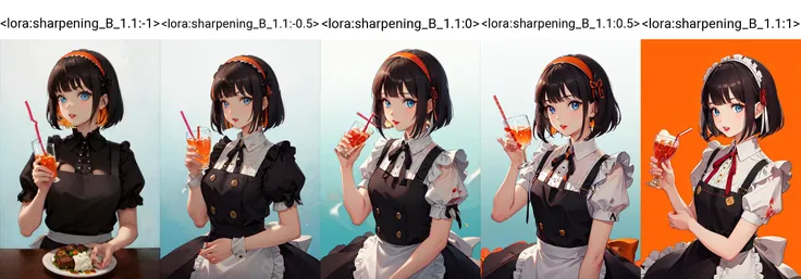 (masterpiece, best quality), intricate details, 8k, artstation, wallpaper, sharp focus,1girl, solo, black hair, short hair, blue eyes, bangs, ribbon, puffy short sleeves, looking at viewer, food, orange ribbon, blood, upper body, apron, bob cut, orange hairband, blue background, dress, parted lips, red lips, brown bow, neck ribbon, blunt bangs, holding cup, two-tone background, drinking straw, collared shirt, fix,good hands,cute,whole body, <lora:sharpening_B_1.1:-1>