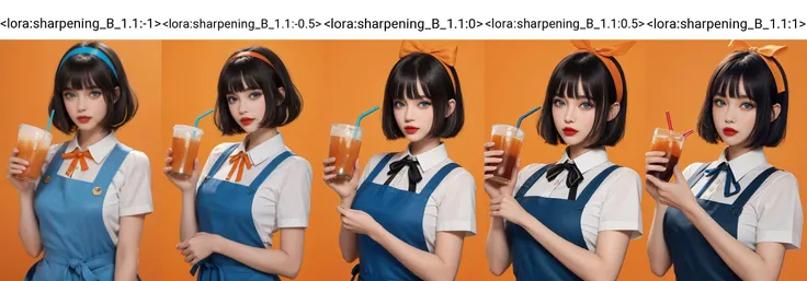 (masterpiece, best quality), intricate details, 8k, artstation, wallpaper, sharp focus,1girl, solo, black hair, short hair, blue eyes, bangs, ribbon, puffy short sleeves, looking at viewer, food, orange ribbon, blood, upper body, apron, bob cut, orange hairband, blue background, dress, parted lips, red lips, brown bow, neck ribbon, blunt bangs, holding cup, two-tone background, drinking straw, collared shirt, fix,good hands,cute,whole body, <lora:sharpening_B_1.1:-1>