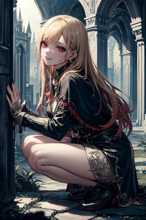 (masterpiece, best quality, detailed), 1girl, solo, looking at viewer, <lora:kitagawa_marin_v1-1:0.75>, kitagawa marin, blonde hair, long hair, multicolored hair, red eyes, jewelry, earrings, piercing, <lora:VampiricTech:0.95>, vamptech, blood, vampiric, red eyes, fangs, vampire costume, black cape, pale skin, dress, medieval, ruins, overgrown, rubble, pillar, outdoors, building, light rays, fog, squatting, from side, smile, parted lips