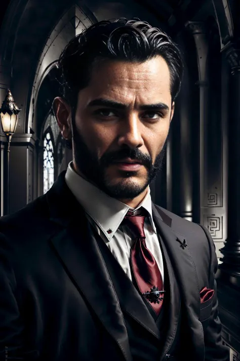 portrait, Greek man, (gray eyes), mature, sixty years old, short cropped hair, dark features, black three piece suit, red cravat, (handsome), (perfect face), symmetrical, edgy, <lora:GothicPunkAI>, gothicpunkai, San Francisco, at night, <lora:VampiricTech-20:0.1>, vamptech