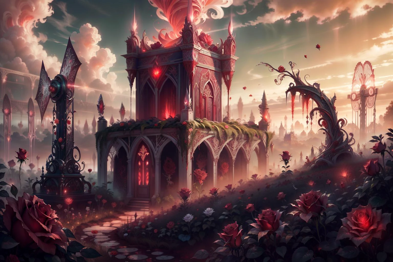 (red rose Garden:1.3) , , lush environment , having fun , sweet aroma , bushs, windmills, smile , solo focus, summer blue sky, pixe cut, colored hair, 1girl, <lora:BiophyllTech-20:0.5> BiophyllTech, bio, bioluminescent, fully-organic, <lora:ExoBioTech-20:0.3> exobiotech, bio, scifi, clouds , outdoors, <lora:VampiricTech-20:0.8> vamptech, blood, vampiric, hills, red sky , fence, <lora:BloodMagic-20:0.3> bloodmagic, fantasy, magical energy, blood,