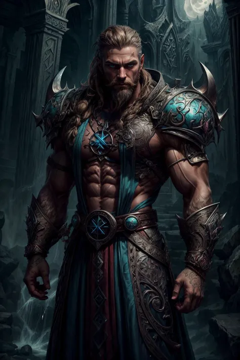 (1man, muscular adult  male:1.2),  turquoise eyes, light brown hair, fade with beard,
(style-swirlmagic:0.8), portrait, solo, (full body:0.6), looking down, detailed background, detailed face, (<lora:VampiricTech:0.6>, vamptech  theme:1.1), rune-wizard, magic runes, runic pattern, runic symbols on clothes, flowing robes,  runic scripture,    glowing runes,  ancient runes, geometric patterns, mystic aura, rune symbols in background, backlighting, shadows, moonlight, intense atmosphere, action scene,, (masterpiece, top quality, best quality, official art, beautiful and aesthetic:1.2), extremely detailed, (fractal art:1.1),(colorful:1.1),highest detailed, (many colors:1.4), <lora:add_detail:1>