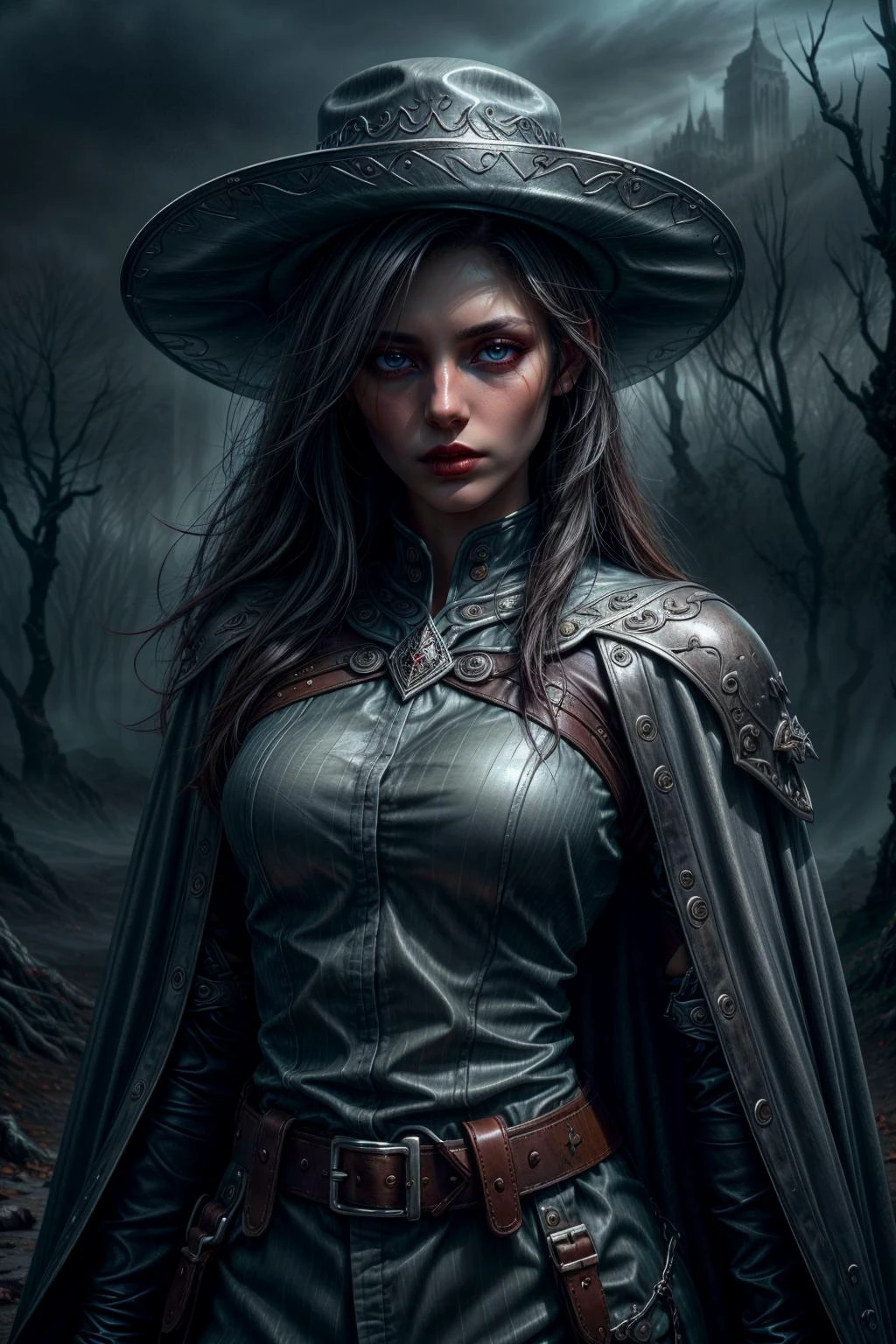 <lora:add_detail:0.75>, <lora:sharpen-soften:-0.2>, <lora:stylesqueeze_v2:0.25>, <lora:realistic:0.25>,
1 girl, adult (elven:0.7) woman, black eyes, medium brown sleek hair,
portrait, looking at viewer, solo, (full body:0.6), detailed background, (<lora:VampiricTech:0.6>, vamptech theme:1.1), interrogator, serious expression, silver trimmed (studded:0.8) leather clothes, cape, straps, belts, flasks, large feather in hat, wide brimmed hat, gunpowder, dark dead forest in background, winter, eerie atmosphere, dim lighting, shadows, warhammer dark fantasy,