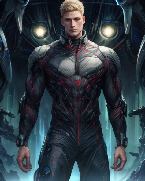 (<lora:VampiricTech:0.6>, vamptech ,vampiric theme:1.1) tempera painting \(medium\) of (big adult male:1.2), grey eyes, light blonde hair, mid-fade, wearing futuristic clothes, exploring an alien world at night, in the ((style of phil haley)),,