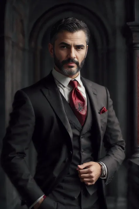 portrait, Greek man, (gray eyes), mature, sixty years old, short cropped hair, dark features, black three piece suit, red cravat, (handsome), (perfect face), symmetrical, edgy, <lora:GothicPunkAI>, gothicpunkai, San Francisco, at night, <lora:VampiricTech-20:0.1>, vamptech, <lora:add_detail:0.3>