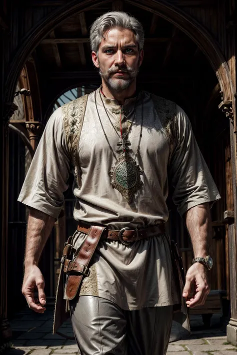 simple background,A 35 year old male,white hair,white mustache with a short white beard. strong,((grey medieval tunic)),brown loose medieval leather pants,adventure boots. Renaissance clothing,Stern look,green eyes,wearing an emerald on a small chain around his neck,cowboy shot,<lora:wowifierV3:0.6>,<lora:more_details:0.7>,holy magic around him,vamptech,<lora:VampiricTech-20:0.7>,