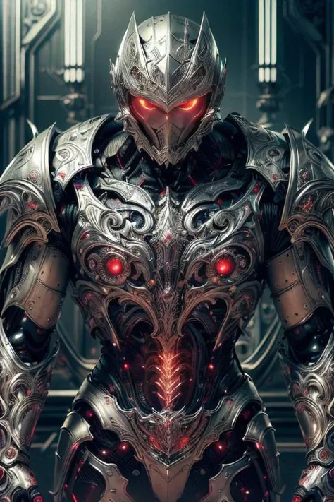 (masterpiece, top quality, best quality, official art, beautiful and aesthetic:1.2),(1man with full armor:1.3),neon lighting, (vibrant glow:1.2), extreme detailed,colorful,highest detailed ((ultra-detailed)), (highly detailed CG illustration),cinematic light,solo,(machine made joints:1.2),((machanical limbs)),(blood vessels connected to tubes),(character focus),science fiction, vamptech, <lora:VampiricTech:1>