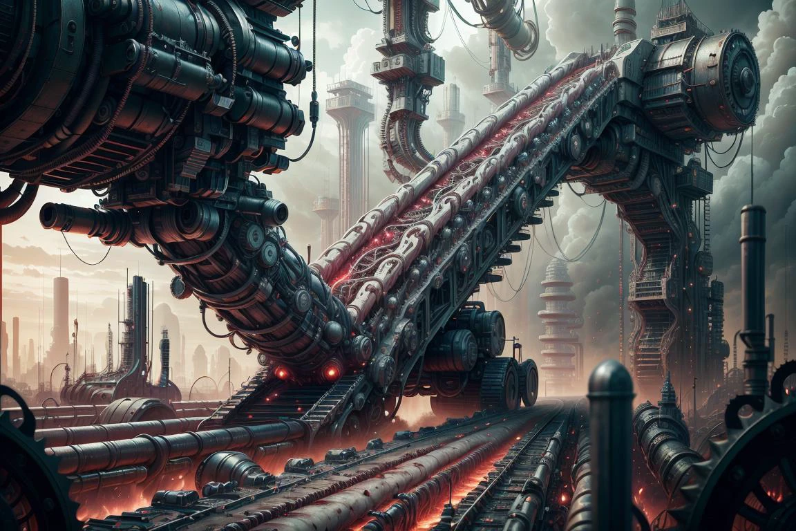 masterpiece, dusty volumetric lighting , depth of field, outdoors,
(industrial:1.2), manufacturing assembly line , conveyor belts , factory, gears, reflective plastic maybe, pipes, scifi, hydraulic, advanced machinery, metal plating,
<lora:AnatomicTech-20:0.6> AnatomicTech, blood vessels, <lora:VampiricTech-20:0.5> vamptech, blood, vampiric,
