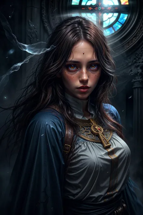 colorful chaos, <lora:add_detail:0.75>, <lora:sharpen-soften:-0.2>, <lora:stylesqueeze_v2:0.25>, <lora:realistic:0.25>,
1 girl, adult woman, freckles, red eyes, brown shag hair,
(style-swirlmagic:1.0), focus on character, portrait, looking down, solo, (full body:0.6), detailed background, detailed face, (<lora:VampiricTech:0.6>, vamptech ,vampiric theme:1.1) pope, gentle expression, veiled, halo above head, dynamic pose, praying, cathedral, divine light, divine aura, religious icons, stained glass, filigree, swirling lights emanating, holy water, ethereal atmosphere, reflections, holy fire, updraft,