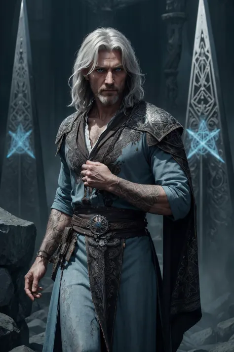 (masterpiece:1.1), (highest quality:1.1), HDR, extreme quality, cg, (negative space), detailed face+eyes, (bright colors), complimentary colors, limited palette, fine art,
(1man, old polish male:1.2), light blue eyes, graying hair, textured crop,
Style-GravityMagic, portrait, solo, (full body:0.6), looking away, detailed background, detailed face, (<lora:VampiricTech:0.6>, vamptech theme:1.1), rune-priest, runes etched into skin, flowing robes, casting spell, glowing runes, tribal runes, geometric patterns, rune temple in background, shadows, ethereal atmosphere,