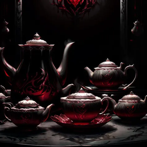 <lora:vampirictech:0.7> <lora:more_details:0.5> vamptech tea set, teapot, teacup, saucer, pastries, sugar cubes, platter, blood, thick lines, volumetric lighting, masterpiece, highres, shallow depth of field, sharp focus