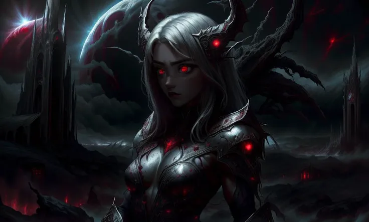 blood, cosmic, dark energy, (portrait), (adult woman), (1girl, solo), (skimpy outfit), ((small breasts)), ((muscular)), abs, (silver hair, medium hair), (red eyes), (sensual, seductive), freckles, detailed skin, ((landscape, eclipse)), (best quality, high detail), ((masterpiece)), <lora:Cha - Anna v2.2:1> , (anna of arendelle),