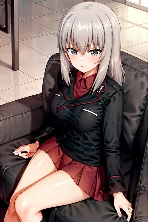 masterpiece, best quality, 1girl,solo,girls und panzer, itsumi erika, kuromorimine military uniform, black jacket, red shirt,red skirt,black panties, sitting,looking up, looking at viewer, couch, indoors, office, cowboy shot <lora:Itsumi Erika:0.6>