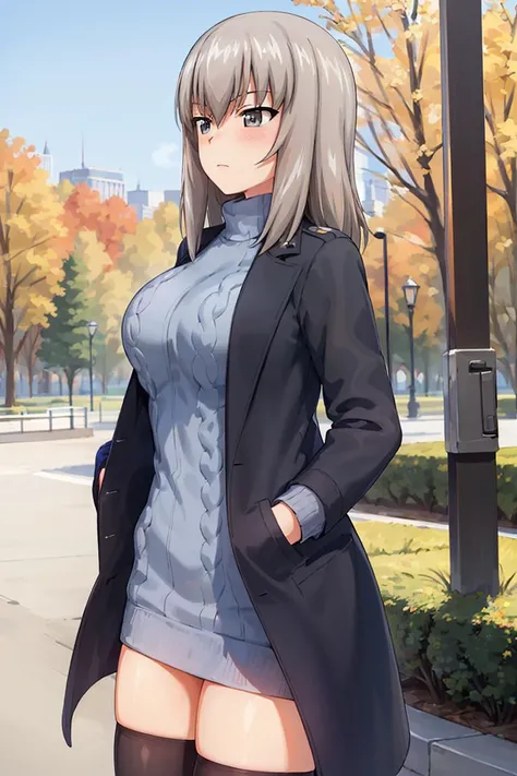 masterpiece, best quality, 1girl,solo,girls und panzer, itsumi erika, large breasts, (open coat, sweater dress:1.2), (black thighhighs),hands in pocket, blush, disappointed, looking up, cowboy shot, outdoor, central park, blue sky <lora:Itsumi Erika:0.6>,