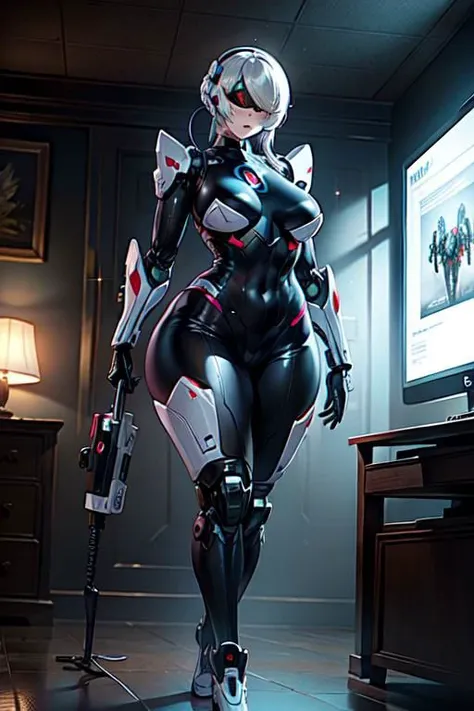 a photograph of a screen showing a photo of a robot next to a phone, one-eyed, robot, (no humans), phone, science fiction, thicc