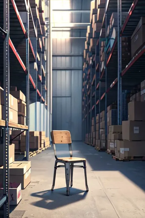 a metal poles next to a chair in a warehouse with boxes of goods, no humans, scenery