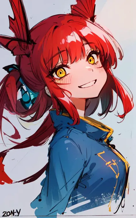 masterpiece, top quality, official art, best quality, beautiful, extremely detailed face, perfect lighting, 1girl, petite girl, monster girl, (karasuchan, sketch, sketchy:1.2), smile, (red hair, yellow eyes, fins, head fins:1.2), fish girl, white dress, blue jean jacket, upper body, zoomed out, centered, full body,
