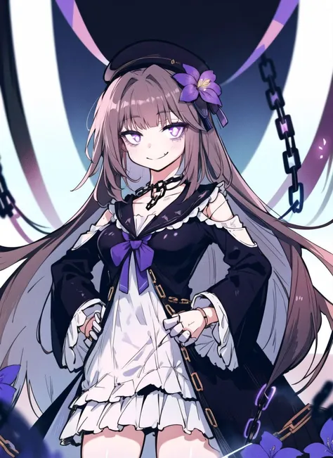 1girl, looking at viewer, smile, smug face,
hands on hips,
pikkyherta, 1girl, long hair, purple (glowing:1.2) eyes, solo, hat, dress, bangs, looking at viewer, flower, (doll joints:1.1), brown hair, grey hair, hair ornament, black headwear, hair flower, chains, frills,
<lora:hertaStarRailV1:1>
   <lora:karasuChan-20:1>