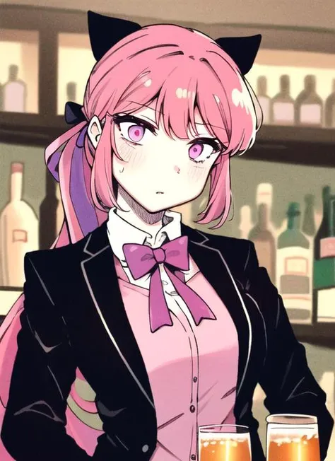 ((best quality)), ((highly detailed)), masterpiece, detailed face, beautiful face, (detailed eyes, deep eyes), (1girl), upper body, (panther girl), panther ears, panther tail, (pink hair), pink eyes, pink tail, pink ears, ((pink colored business suit)), ((pink colored suit jacket)), pink pinstripe pants, pink bow tie, (indoors, in a bar, waitress uniform), <lora:KarasuChan:1>, (monochrome), violet taint