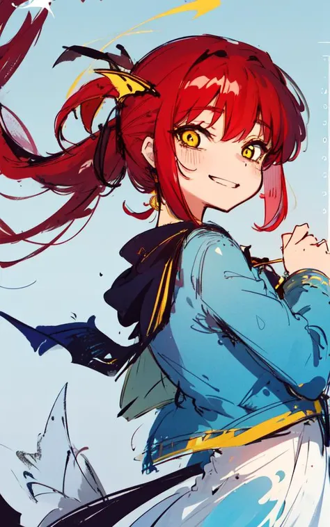masterpiece, top quality, official art, best quality, beautiful, extremely detailed face, perfect lighting, 1girl, petite girl, monster girl, (karasuchan, sketch, sketchy:1.2), smile, (red hair, yellow eyes, fins, head fins:1.2), fish girl, white dress, blue jean jacket, upper body, zoomed out, centered, full body,