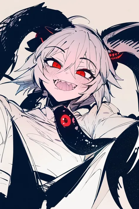 masterpiece, 1girl, solo,looking at viewer,simple background, <lora:KarasuChan-20:0.8>,(monochrome:1.1), smile, fangs, sketch, grin, monster girl, horns, red taint,red eyes, shark teeth,