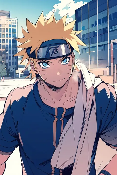 1boy ,solo, detailed eyes, masculine face, urban area , modern building , sunglasses, vast blue sky, clouds, morning, sunny, muscular male, detailed background, <lora:Naruto:0.8> uzumaki naruto, <lora:KarasuChan-20:1>