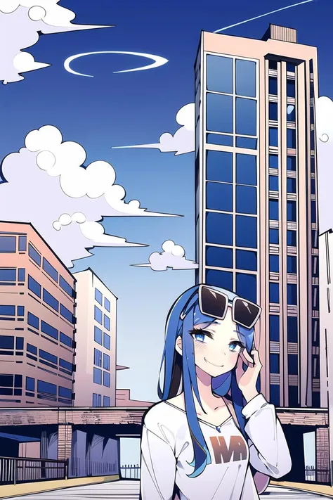 1girl,solo,   smile, perfect face, urban area ,  modern building , eyewear on head,    vast blue sky, clouds, long hair, multicolored hair,     <lora:KarasuChan-20:1>