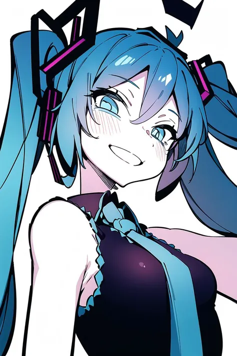 masterpiece,  1girl,   <lora:KarasuChan-20:1>,  hatsune miku, smile, close-up, upper body, (monochrome:0.8), blue taint,