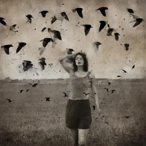 double exposure, a woman, birds, field <lora:SDXL_double_exposure_Sa_May_V8:1>
