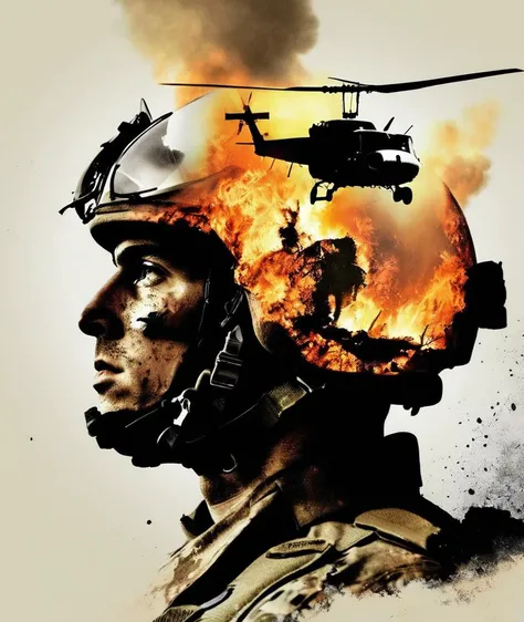 double exposure, A soldier's profile, fire, Helicopter crash, simple background, <lora:SDXL_double_exposure_Sa_May_V8:0.85>