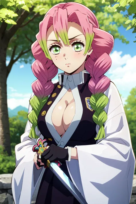 <lora:anime_screencap_v2:0.3>
<lora:eft_mitsuri-02:0.8> EFT_Aurora, 1girl, kanroji mitsuri, mole under eye, demon slayer uniform, mole, breasts, solo, pink hair, multicolored hair, blush, cleavage, green hair, braid, green eyes, long hair, gradient hair, weapon, sword, upper body, haori, japanese clothes, long sleeves, twin braids, large breasts, two-tone hair, closed mouth, blurry background, katana, bangs, multiple braids, outdoors
tall body, tall, long legs, mature female, mature, adult