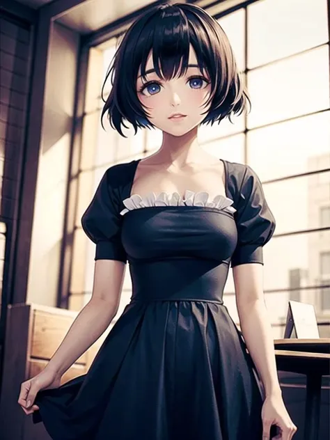 1girl, solo,(best quality),(masterpiece:1.1), dress, looking_at_viewer, neck_ribbon, cute, clear facial skin,