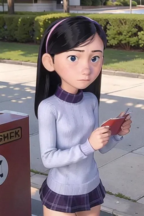 teen, masterpiece, nice hands, best quality, 1girl, red hair, short hair, blue eyes, violetparr, standing, looking at viewer, black hair, long hair, blue eyes, purple eyes, hairband, outdoors, snow, (angry:0.5), skirt, sweater, long skirt, purple sweater