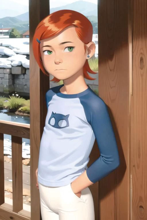 child, masterpiece,  nice hands, best quality,  1girl, red hair, short hair, green eyes, long sleeves, white pants, raglan sleeves, light blue shirt, blue raglan sleeves, standing, looking at viewer, chest logo, outdoors, snow