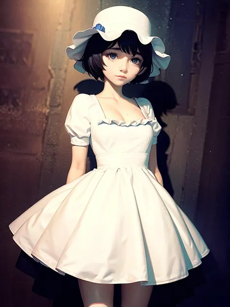 1girl, solo,(best quality),(masterpiece:1.1), hat, dress, looking_at_viewer, neck_ribbon, cute, clear facial skin,