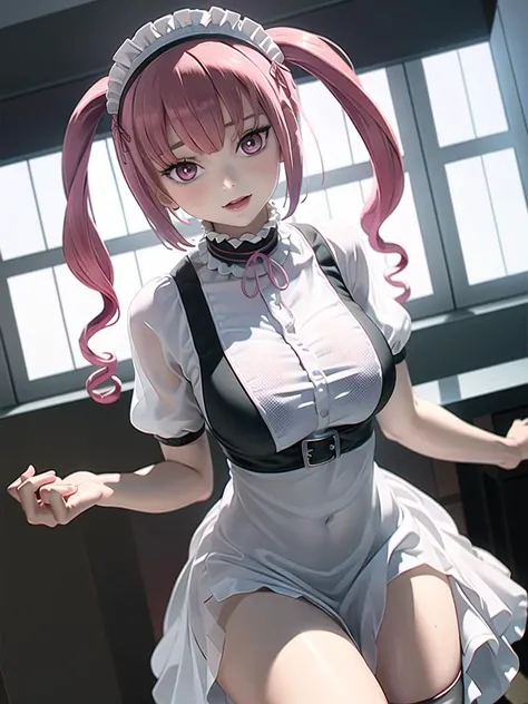best quality, ultra high res, 1girl, solo focus, (pink mini see through dress:1.4), elbow dress, black thighhighs, frills, ribbons, studio background,floating hair, looking at viewer, facing front, black hair