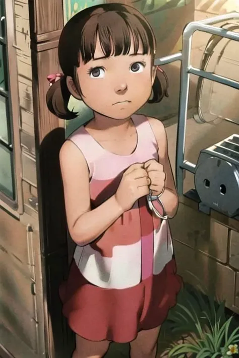 , masterpiece, nice hands, best quality, 1girl, Nanako Doujima, solo, brown hair, short twintails, flat chest, pink dress, footprints, snowing, outdoors, looking at viewer, black eyes, <lora:comiclo:0.9>, chibi, child