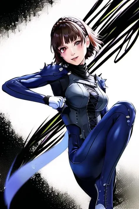 1girl, solo, niijima makoto, (best quality), (masterpiece:1.1), full body, looking_at_viewer, cute, clear facial skin, blue bodysuit