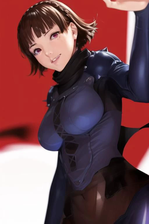 1girl, solo, niijima makoto, (best quality:1.2), (masterpiece:1.2), full body, looking_at_viewer, blue bodysuit