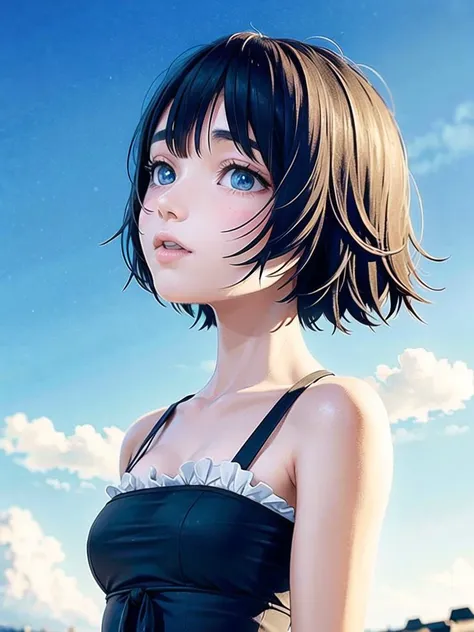 1girl, solo,(best quality),(masterpiece:1.1), dress, looking_at_viewer, neck_ribbon, cute, clear facial skin,