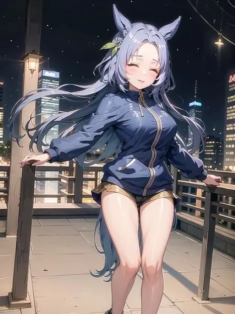 1girl, solo,(best quality),(masterpiece:1.1), full body, dynamic angle, looking_at_viewer, blue jacket, (close eyes), cute, clear facial skin,