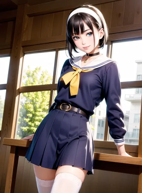 1girl, solo,(best quality),(masterpiece:1.1),(school uniform:1.4),dress, looking_at_viewer, neck_ribbon, cute, clear facial skin,, <lora:koreanDollLikeness_v10:0.5>,best quality, wavy short hair, ultra high res, (photorealistic:1.4), 1girl, full body,bare shoulders,half body under water,thigh gap,cleavage,revealing,see-through,professional lighting,thighhighs,hairband,sailor collar,necklace,smile,