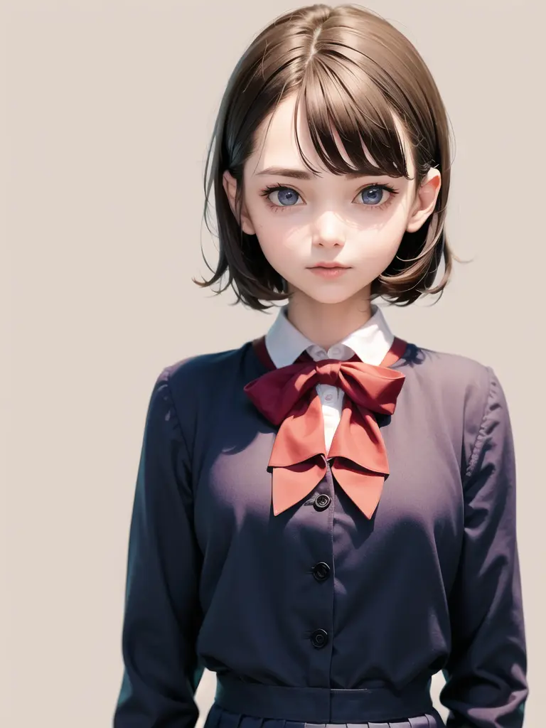 1girl, solo,(best quality),(masterpiece:1.1),(school uniform:1.4),dress, looking_at_viewer, neck_ribbon, cute, clear facial skin,short hair