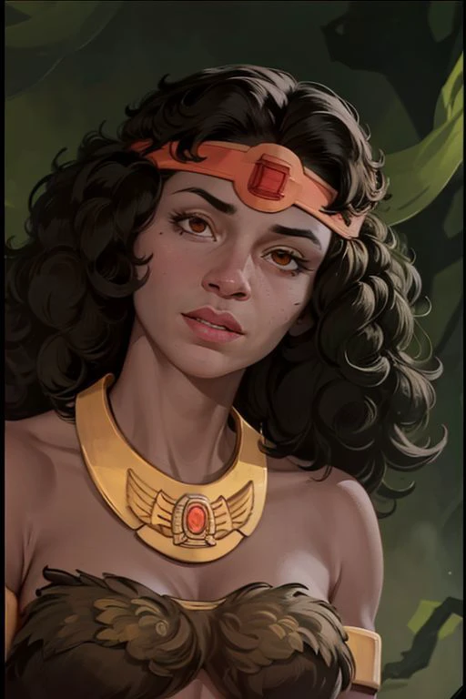 diana <lora:diana_dnd_V1:1>, pelt, close-up, green background, upper body, gold headband, gold necklace, red gemstone, absurdres