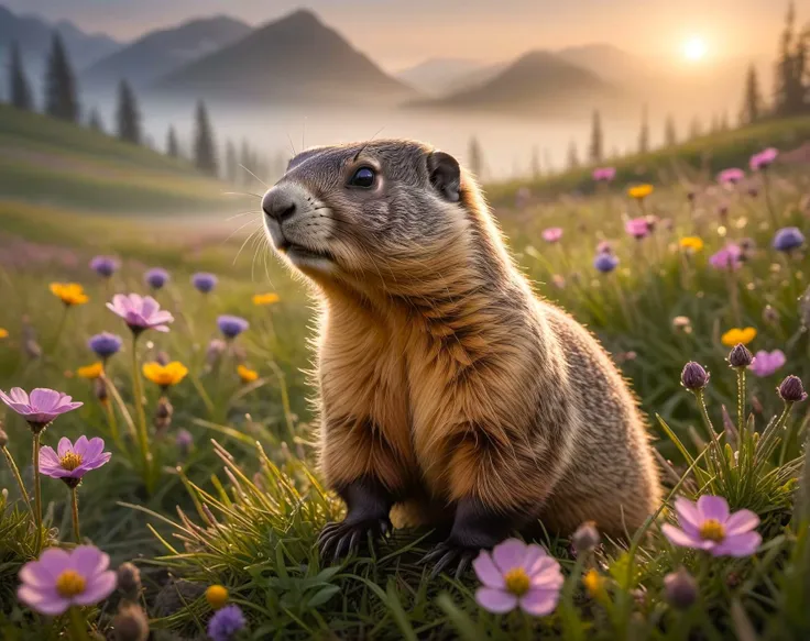 Hasselblad Award Winner, in a floral meadow, a tiny marmot is watching, eerie fog , harmonious, mystical, , <lora:add-detail-xl:0.8> ,early morning, morning dew ,sun rays, triadic colors